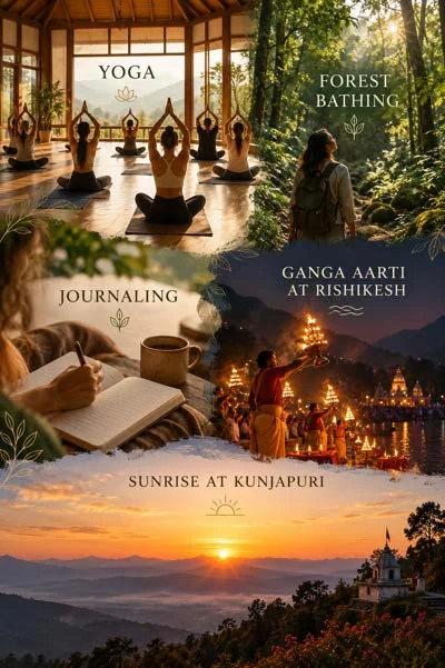 Brochure collage of yoga, forest bathing, journaling, Ganga Aarti and sunrise at Kunjapuri